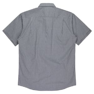 A short-sleeve button-up shirt in a checked pattern, featuring a classic collar and a logo. Dominant colours are blue and white.