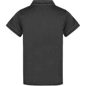 A black polo shirt with short sleeves and a collar, featuring a logo on the back.