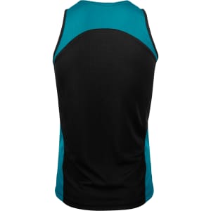 A black and teal men's singlet featuring a logo, showcasing a sporty design and a fitted silhouette.