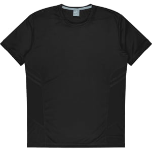 A black t-shirt featuring a sleek design with subtle detailing and a logo. Ideal for active wear.