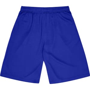 A pair of blue sports shorts with an elastic waistband and no visible logos.