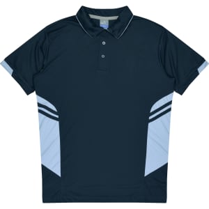 A dark blue polo shirt with light blue side panels and a collar, featuring a logo.
