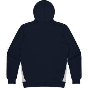 A navy hoodie featuring a hood and a logo, displaying a simple design with grey accents.