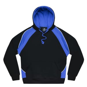 A black hoodie with blue accents and a blue inner hood. It features a logo and a drawstring at the neck.
