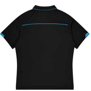 A black polo shirt with blue accents and a logo at the back, designed for kids' sports uniforms.