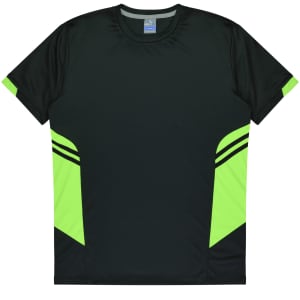A black T-shirt with bright green side panels and a logo on the chest. Suitable for kids.