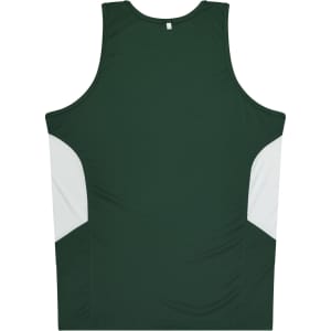 A green singlet with white side panels and a logo on the back.