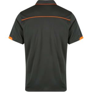 A dark green polo shirt with orange accents, featuring a collar and short sleeves. It has a branding logo.