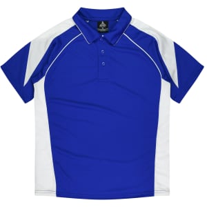 A blue polo shirt with white accents and a logo on the collar. Features a classic button-up design.