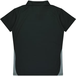 A dark green polo shirt with short sleeves and a grey side panel, featuring a collar and a logo.