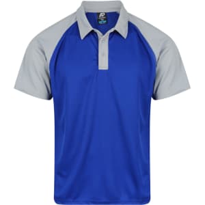 A blue and grey polo shirt with a logo, featuring a classic collar and short sleeves.