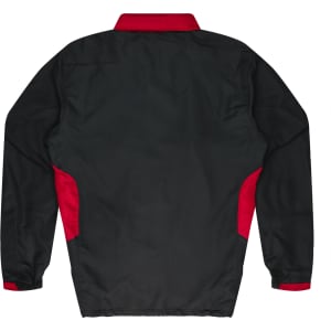 A black and red tracktop featuring a high collar and long sleeves, with a logo on the back.