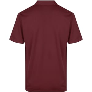 A maroon polo shirt displayed from the back, featuring a collar and short sleeves. It includes a logo.
