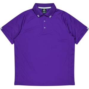 A purple polo shirt with a classic collar, featuring stripes on the sleeves and a logo.
