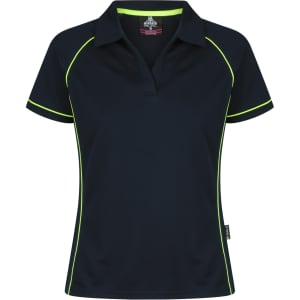 A navy polo shirt featuring lime green accents and a branding logo. Short sleeves and a classic collar design.