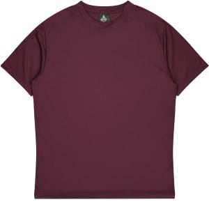 A maroon t-shirt featuring a simple design and a tag inside, with a branding logo.