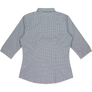 A 3/4 sleeve, button-up shirt in a checked pattern, featuring a collar and no visible front design.
