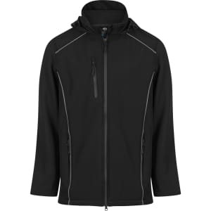 A black soft shell jacket with a hood, featuring zippered pockets and contrasting trim.
