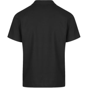 A black polo shirt with a classic collar and short sleeves, featuring branding on the back.