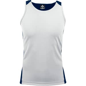 A white singlet with navy side panels and a logo on the upper part.