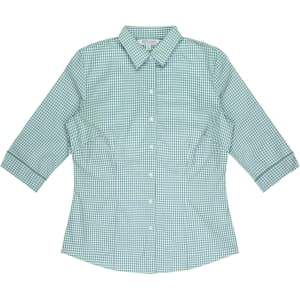 A green and white checked button-up shirt with 3/4 sleeves and a collar. It features a logo.