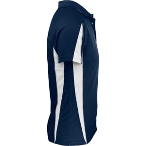 A navy polo shirt featuring white side panel detailing and a collar, with a logo on the front.