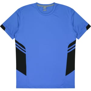 A blue T-shirt featuring black accents on the sides and a logo on the chest.