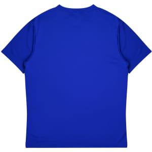 A blue T-shirt with a simple design and short sleeves. The back view is shown, featuring a smooth surface.
