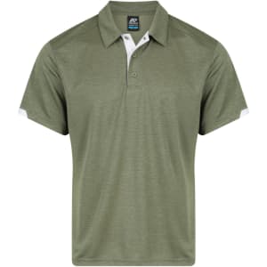 An olive green men's polo shirt with a collar and short sleeves, featuring contrasting white accents.