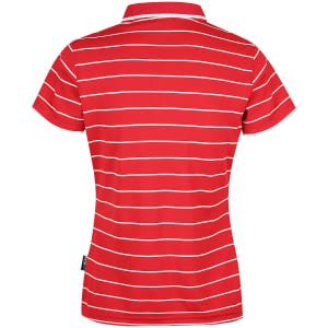 A red polo shirt with white stripes, featuring a collar and short sleeves. The shirt has a logo.