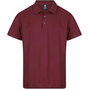 A maroon polo shirt with a collared neckline and three buttons. It features a logo on the label.