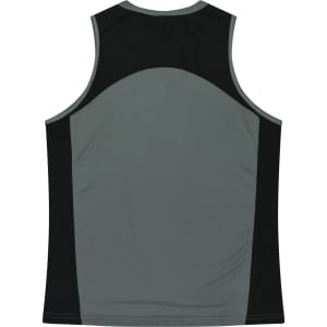 A grey and black singlet featuring a sleek design and a logo on the back.
