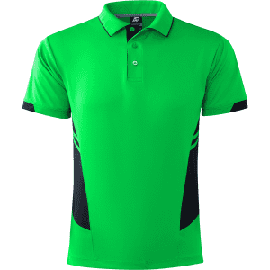 A green men's polo shirt with black side panels and a collar. It features a logo on the chest area.