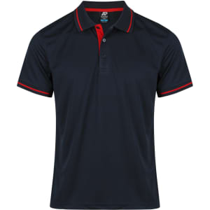 A navy polo shirt with red accents and a collar, featuring a logo on the chest.