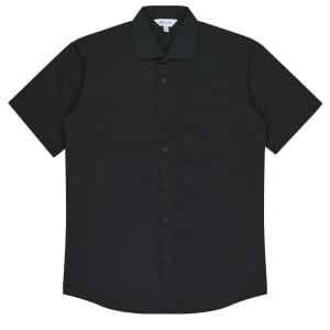 A black short sleeve button-up shirt with a chest pocket and a logo.