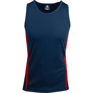 A navy singlet with red side panels and a logo. Ideal for active wear.