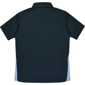 A dark green polo shirt with light blue sides and a collar, featuring a logo on the fabric.