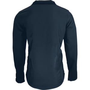 A soft shell jacket in navy, featuring a simple design with long sleeves and a logo on the back.
