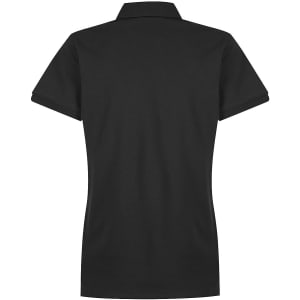 A black polo shirt with a short collar and sleeves, featuring a logo on the back.