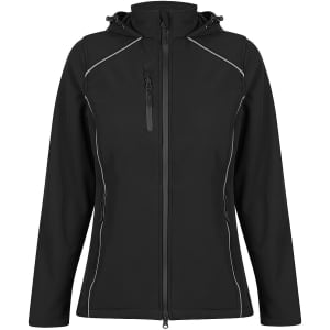 A black soft shell jacket with a hood, featuring zippered pockets and contrasting stitching. It has a logo.