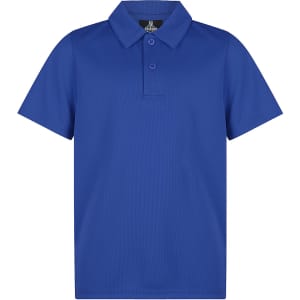 A blue polo shirt with a buttoned collar and short sleeves. It features a logo on the collar.