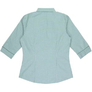 A green and white checked button-up shirt with 3/4 sleeves and a collar. Features a logo on the fabric.