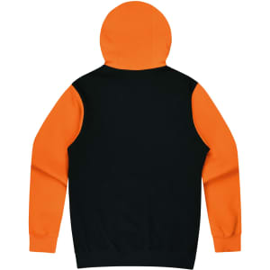 A black hoodie with an orange hood and sleeves, featuring a logo on the back.