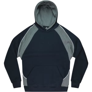 A dark navy hoodie with grey panels and a front pocket. It features a hood and contrasting stitching.
