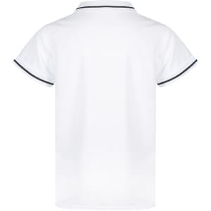 A white polo shirt featuring contrasting trim and a collar. The back view highlights its smooth design and fit.