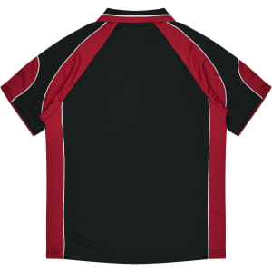 A black and maroon polo shirt featuring contrast piping and a sleek design on the back. It has a logo.