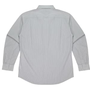 A long sleeve button-up shirt in a light grey and white striped pattern, featuring a back yoke design and a logo.