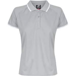 A light grey polo shirt with white accents and a logo on the collar. Short-sleeved design for a casual look.