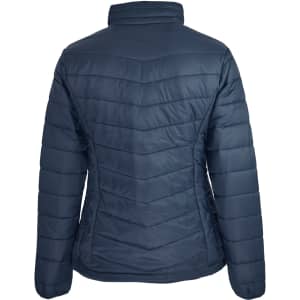 A navy blue insulated jacket featuring a quilted design and a high collar. The back view highlights its fitted shape.