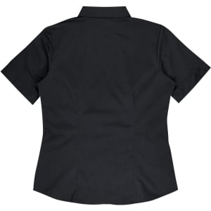 A short sleeve black button-up shirt with a fitted design. The back features a smooth, clean finish.